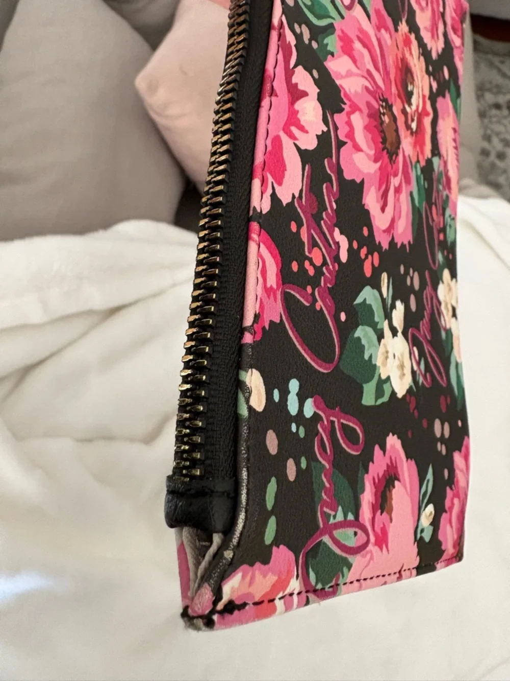 Juicy Couture Black Floral Wristlet Clutch with Pink Roses